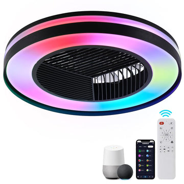 Smart Low Profle Ceiling Fans with RGB Lights Remote/APP/Voice Control, 20" Bladeless Ceiling Fans with 6 Speeds, Timer, Quiet DC Motor, Ceiling Fan with Light for Kids Bedroom/Living Room