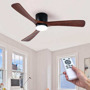52" Wood Ceiling Fan with Lights Remote, Reversible DC Motor 6-Speed Ceiling Fan, 3 Blades Low Profile Flush Mount Ceiling Fans, Modern Ceilingfans for Low Profile, Walnut and Matte Black