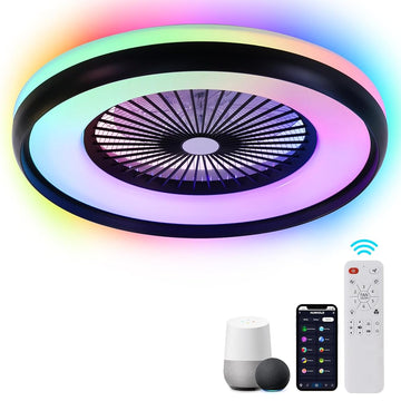 24" Bladeless Ceiling Fan with RGB Light Remote, Smart LED Ceiling Fans with Voice/App Control, Modern Low Profile Dimmable Light Ceiling Fan for Bedroom Living Room Black