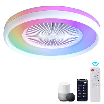 24" Bladeless Ceiling Fan with RGB Light Remote, Smart LED Ceiling Fans with Voice/App Control, Modern Low Profile Dimmable Light Ceiling Fan for Bedroom Living Room White