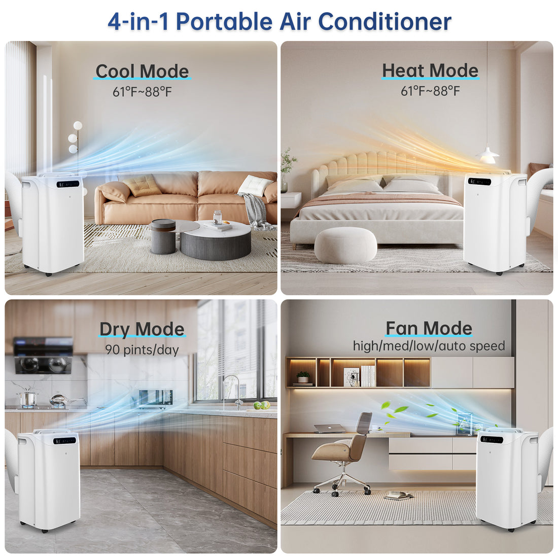 Fosawd 10000 BTU (14000 BTU ASHRAE) Portable Air Conditioner with Heater Cools up to 700 Sq.ft, 4-in-1 Portable AC Unit, Heat, Dehumidifier, Fan, Remote Control & Window Kit