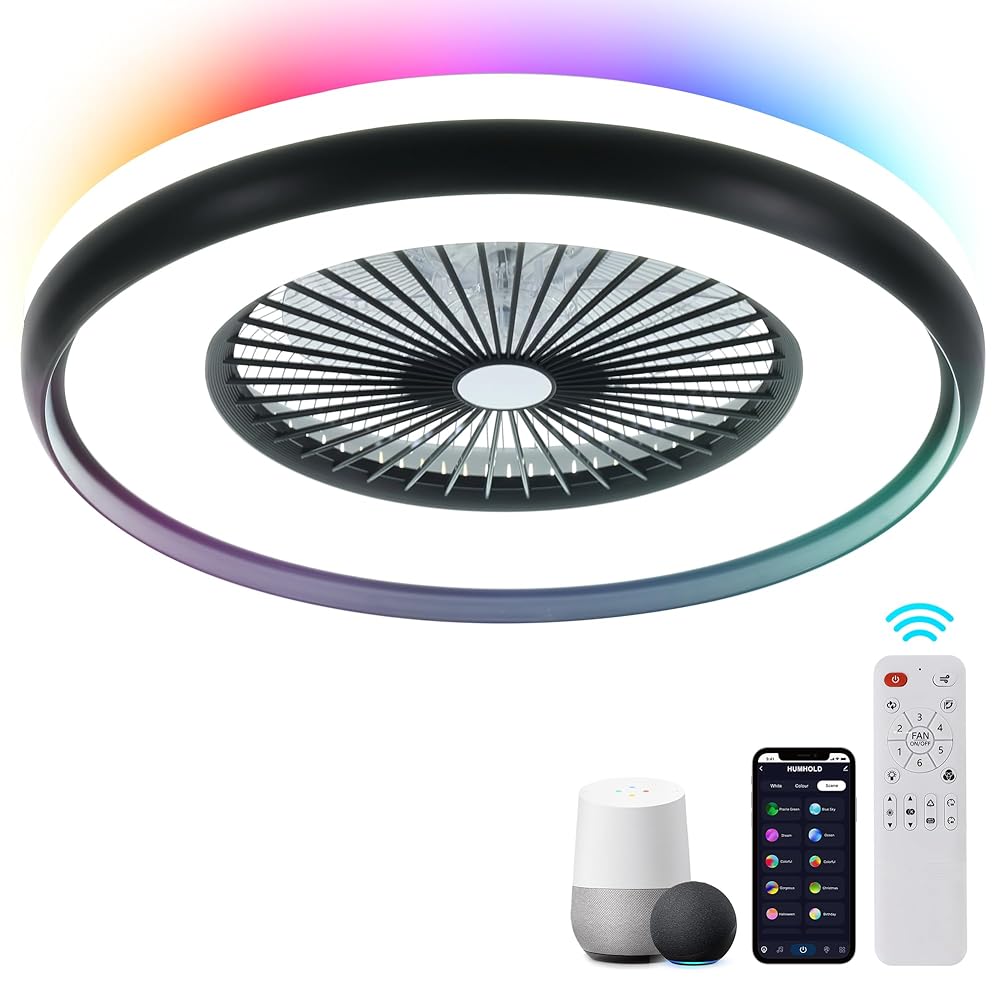 24" Bladeless Ceiling Fan with RGB Light Remote, Smart LED Ceiling Fans with Voice/App Control, Modern Low Profile Dimmable Light Ceiling Fan for Bedroom Living Room
