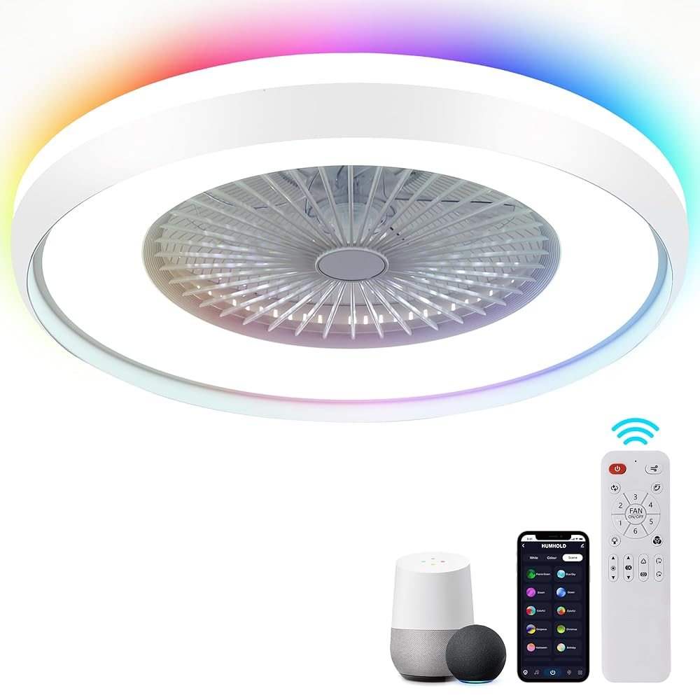 24" Bladeless Ceiling Fan with RGB Light Remote, Smart LED Ceiling Fans with Voice/App Control, Modern Low Profile Dimmable Light Ceiling Fan for Bedroom Living Room